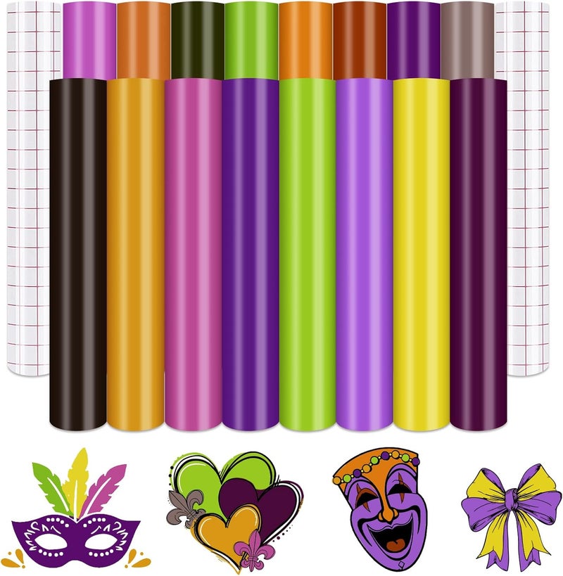 Tintnut Mardi Gras Permanent Vinyl - 16 Sheets 12"x10" Vintage Color Shrove Tuesday Adhesive Sheets Multicolored Permanent Adhesive Vinyl for Cutting Machine, Home Decor Self Sticker - Image 1